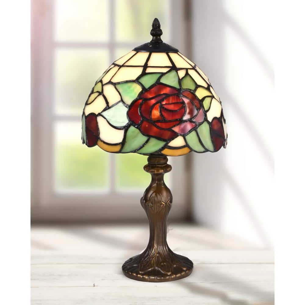 14.5 in. Indian Rose Antique Bronze Table Lamp with Tiffany Art Glass Shade by Springdale Lighting 4 14.5 in. Indian Rose Antique Bronze Table Lamp with Tiffany Art Glass Shade by Springdale Lighting - Image 2
