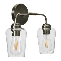 Holden - 15 in. Metal and Glass 2-Light Antique Nickel, Vanity Light by Robert Stevenson Lighting -Litton Lane Sales antique nickel robert stevenson lighting vanity lighting ec1242 fa 1000