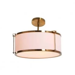 Harrison -15 in. Brushed Brass Semi-Flush Modern Metal Mount Ceiling Light, Caged Linen Shade by Robert Stevenson Lighting -Litton Lane Sales brushed brass robert stevenson lighting flush mount lights ec1276 1f 1000