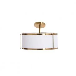 Harrison -15 in. Brushed Brass Semi-Flush Modern Metal Mount Ceiling Light, Caged Linen Shade by Robert Stevenson Lighting -Litton Lane Sales brushed brass robert stevenson lighting flush mount lights ec1276 4f 1000