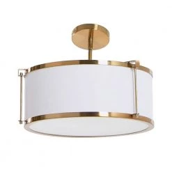 Harrison -15 in. Brushed Brass Semi-Flush Modern Metal Mount Ceiling Light, Caged Linen Shade by Robert Stevenson Lighting