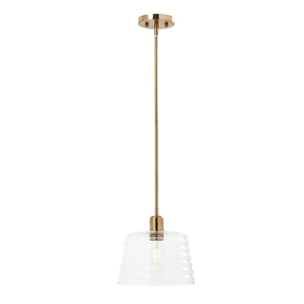 Rhodes 1-Light Brushed Brass Minimalist Metal and Textured Glass Mini Pendant Light by Robert Stevenson Lighting 6 Rhodes 1-Light Brushed Brass Minimalist Metal and Textured Glass Mini Pendant Light by Robert Stevenson Lighting - Image 4