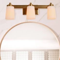 Sullivan Park - 3-Light Brushed Gold Metal and Frosted Glass Vanity Light by Robert Stevenson Lighting 15 Sullivan Park - 3-Light Brushed Gold Metal and Frosted Glass Vanity Light by Robert Stevenson Lighting -Litton Lane Sales brushed gold robert stevenson lighting vanity lighting ec1177c 31 1000