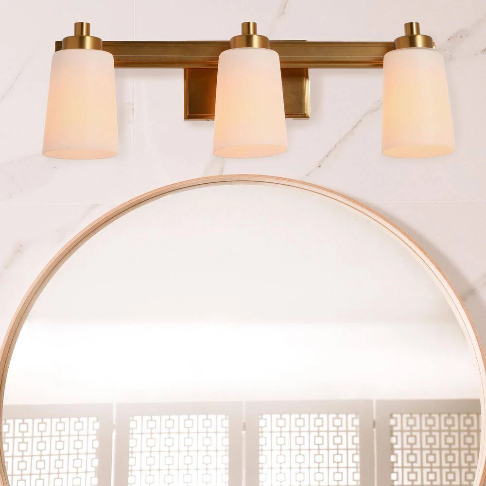 Sullivan Park - 3-Light Brushed Gold Metal and Frosted Glass Vanity Light by Robert Stevenson Lighting 9 Sullivan Park - 3-Light Brushed Gold Metal and Frosted Glass Vanity Light by Robert Stevenson Lighting - Image 7