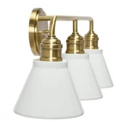 Josie - 24 in. 3-Light White and Antique Brass Vanity Light Metal with Shades by Robert Stevenson Lighting -Litton Lane Sales brushed gold robert stevenson lighting vanity lighting ec1187c 1f 1000