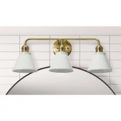 Josie - 24 in. 3-Light White and Antique Brass Vanity Light Metal with Shades by Robert Stevenson Lighting -Litton Lane Sales brushed gold robert stevenson lighting vanity lighting ec1187c 31 1000