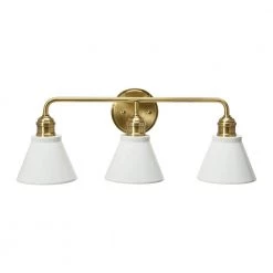 Josie - 24 in. 3-Light White and Antique Brass Vanity Light Metal with Shades by Robert Stevenson Lighting -Litton Lane Sales brushed gold robert stevenson lighting vanity lighting ec1187c 4f 1000