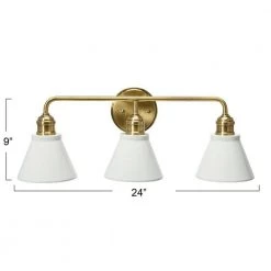 Josie - 24 in. 3-Light White and Antique Brass Vanity Light Metal with Shades by Robert Stevenson Lighting -Litton Lane Sales brushed gold robert stevenson lighting vanity lighting ec1187c fa 1000