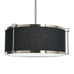 Harrison - 1-Light Black and Brushed Nickel Metal Modern Drum Pendant with Caged Linen Shade by Robert Stevenson Lighting
