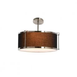Harrison -1-Light Black and Brushed Nickel Semi-Flush Mount Drum Pendant, Caged Linen Shade by Robert Stevenson Lighting -Litton Lane Sales brushed nickel robert stevenson lighting flush mount lights ec1274 1f 1000