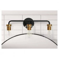 Kendrick - 3-Light Matte Black and Brushed Gold Metal and Glass Vanity Light by Robert Stevenson Lighting -Litton Lane Sales matte black brushed gold robert stevenson lighting vanity lighting ec1166c 31 1000