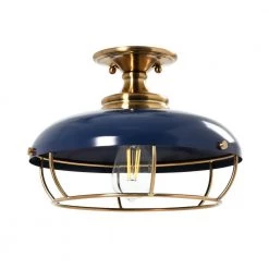 Presley - 1-Light Brushed Brass and Navy Blue Caged Metal Semi-Flush Mount Ceiling Light by Robert Stevenson Lighting -Litton Lane Sales navy blue brushed brass robert stevenson lighting flush mount lights ec1343 1f 1000