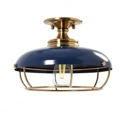 Presley - 1-Light Brushed Brass and Navy Blue Caged Metal Semi-Flush Mount Ceiling Light by Robert Stevenson Lighting -Litton Lane Sales navy blue brushed brass robert stevenson lighting flush mount lights ec1343 44 1000