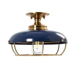 Presley - 1-Light Brushed Brass and Navy Blue Caged Metal Semi-Flush Mount Ceiling Light by Robert Stevenson Lighting