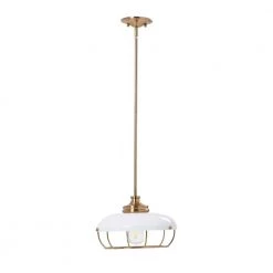 Presley 1-Light Brushed Brass and White Caged Metal Pendant Light by Robert Stevenson Lighting -Litton Lane Sales white brass robert stevenson lighting chandeliers ec1347 44 1000