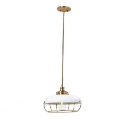Presley 1-Light Brushed Brass and White Caged Metal Pendant Light by Robert Stevenson Lighting -Litton Lane Sales white brass robert stevenson lighting chandeliers ec1347 fa 1000