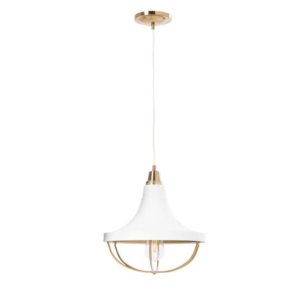Presley - 1-Light Brushed Brass and White Modern Caged 2-Tone Metal Pendant Light by Robert Stevenson Lighting 6 Presley - 1-Light Brushed Brass and White Modern Caged 2-Tone Metal Pendant Light by Robert Stevenson Lighting - Image 4