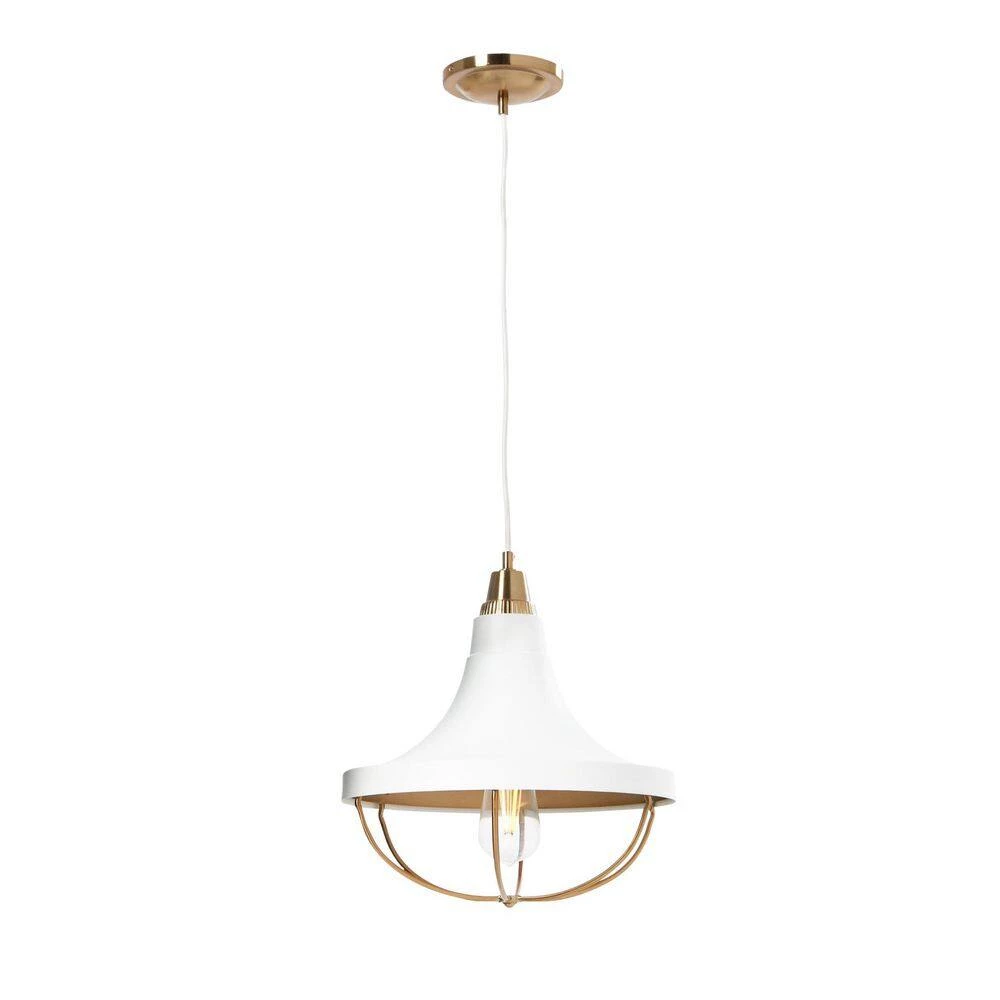 Presley - 1-Light Brushed Brass and White Modern Caged 2-Tone Metal Pendant Light by Robert Stevenson Lighting 7 Presley - 1-Light Brushed Brass and White Modern Caged 2-Tone Metal Pendant Light by Robert Stevenson Lighting - Image 5
