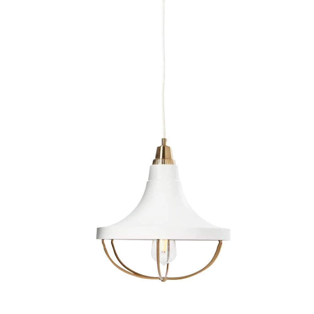 Presley - 1-Light Brushed Brass and White Modern Caged 2-Tone Metal Pendant Light by Robert Stevenson Lighting 3 Presley - 1-Light Brushed Brass and White Modern Caged 2-Tone Metal Pendant Light by Robert Stevenson Lighting
