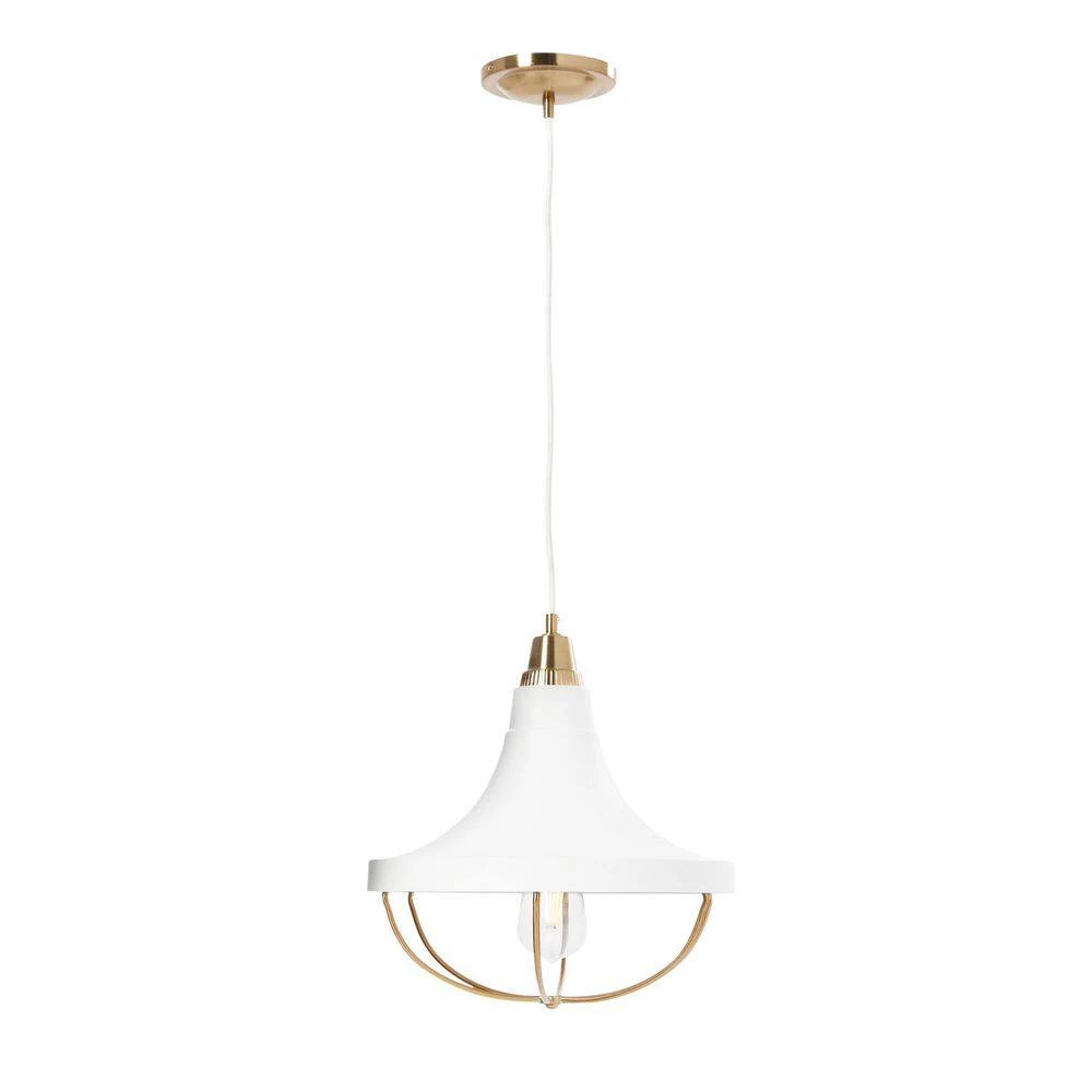 Presley - 1-Light Brushed Brass and White Modern Caged 2-Tone Metal Pendant Light by Robert Stevenson Lighting 4 Presley - 1-Light Brushed Brass and White Modern Caged 2-Tone Metal Pendant Light by Robert Stevenson Lighting - Image 2