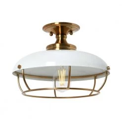 Presley 1-Light Brushed Brass and White Caged Metal Semi-Flush Mount Ceiling Light by Robert Stevenson Lighting -Litton Lane Sales white brushed brass robert stevenson lighting flush mount lights ec1344 1f 1000