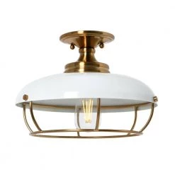 Presley 1-Light Brushed Brass and White Caged Metal Semi-Flush Mount Ceiling Light by Robert Stevenson Lighting -Litton Lane Sales white brushed brass robert stevenson lighting flush mount lights ec1344 44 1000