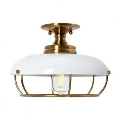 Presley 1-Light Brushed Brass and White Caged Metal Semi-Flush Mount Ceiling Light by Robert Stevenson Lighting